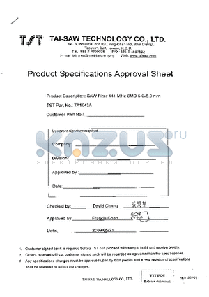 TA1043A datasheet - SAW Filter 441 MHz