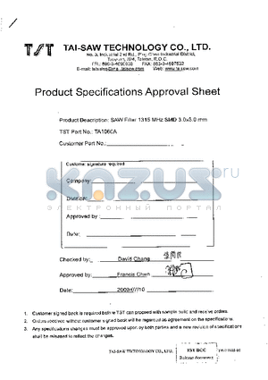 TA1060A datasheet - SAW Filter 1315 MHz