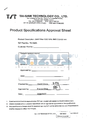 TA1045A datasheet - SAW Filter 1550 MHz