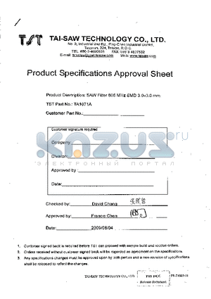 TA1071A datasheet - SAW Filter 806 MHz