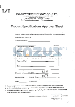 TA1073A datasheet - SAW Filter 2375MHz