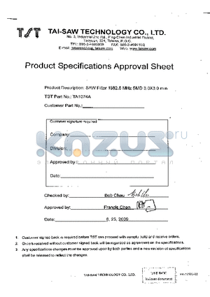 TA1074A datasheet - SAW Filter 1882.5 MHz