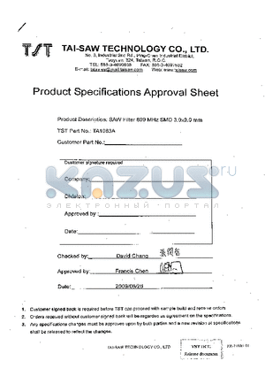 TA1083A datasheet - SAW Filter 899 MHz