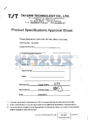 TA1091A datasheet - SAW Filter 787 MHz