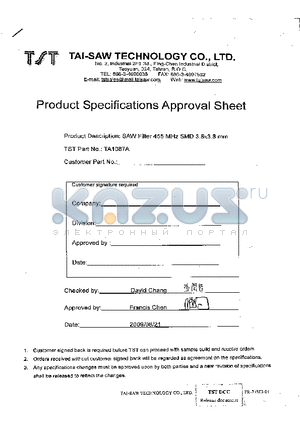 TA1087A datasheet - SAW Filter 455 MHz