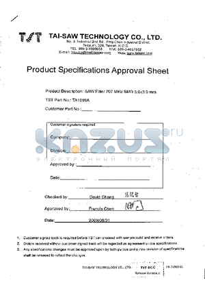 TA1089A datasheet - SAW Filter 707 MHz