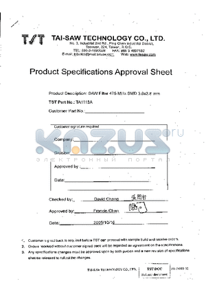 TA1113A datasheet - SAW Filter 475 MHz