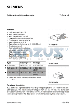 TLE4261-2GL datasheet - 5-V Low-Drop Voltage Regulator