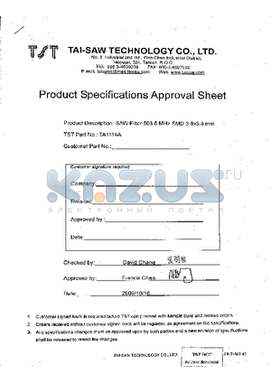 TA1114A datasheet - SAW Filter 503.5 MHz