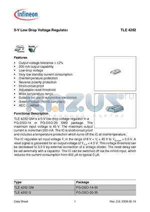 TLE4262GM datasheet - 5-V Low Drop Voltage Regulator