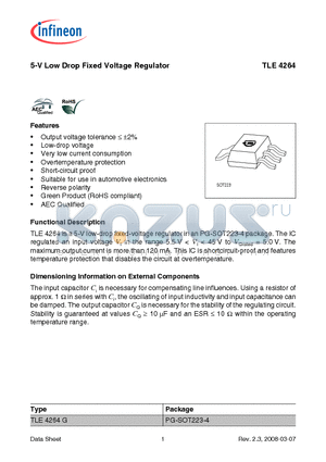 TLE4264G datasheet - 5-V Low Drop Fixed Voltage Regulator Output voltage tolerance  a2%