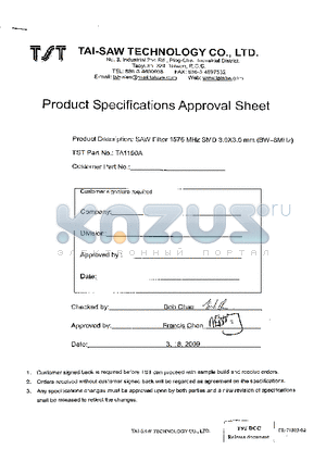 TA1190A datasheet - SAW Filter 1575 MHz