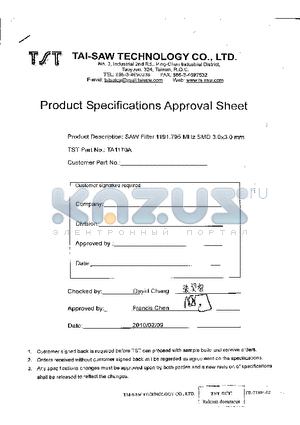 TA1170A datasheet - SAW Filter 1191.795 MHz