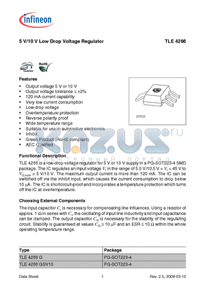 TLE4266G datasheet - 5 V/10 V Low Drop Voltage Regulator Output voltage 5 V or 10 V