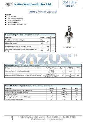 SD51 datasheet - Schottky Rectifier Diode, 60A