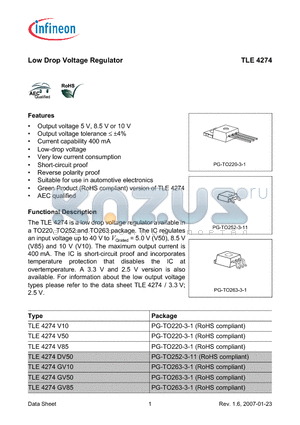 TLE4274DV50 datasheet - Low Drop Voltage Regulator Output voltage 5 V, 8.5 V or 10 V