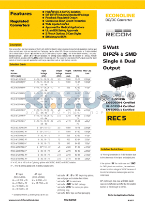 REC5-XX3.3SRWH datasheet - 5 Watt DIP24 & SMD Single & Dual Output