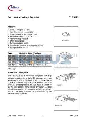 TLE4275D datasheet - 5-V Low-Drop Voltage Regulator