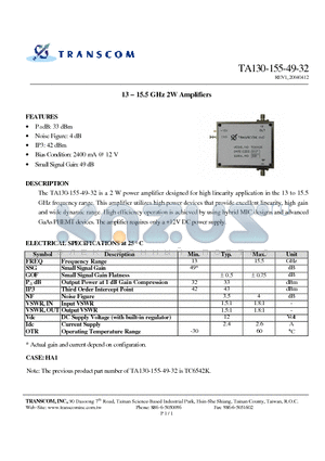 TA130-155-49-32 datasheet - 13 - 15.5 GHz 2W Amplifiers