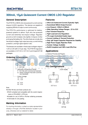 RT9170 datasheet - 300mA, 15lA Quiescent Current CMOS LDO Regulator