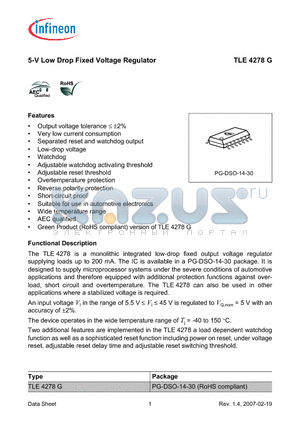 TLE4278G datasheet - 5-V Low Drop Fixed Voltage Regulator Output voltage tolerance  a2%