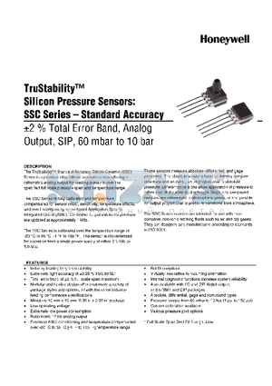 SSCSDRD010BGAC5 datasheet - TruStability Silicon Pressure Sensors: SSC Series- standard Accuracy -2% Total Error Band, Analog Output,SIP,60 mbar to 10 bar
