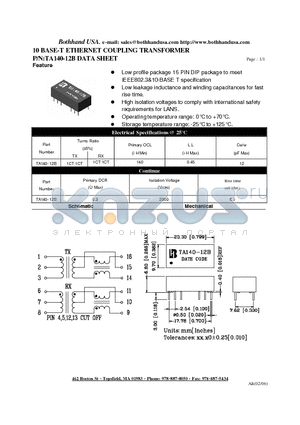 TA140-12B datasheet - 10 BASE-T ETHERNET COUPLING TRANSFORMER