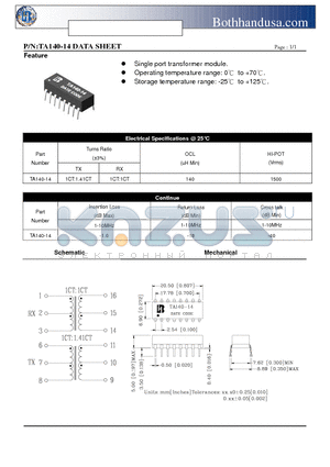 TA140-14 datasheet - 10 BASE-T LAN MAGNETIC