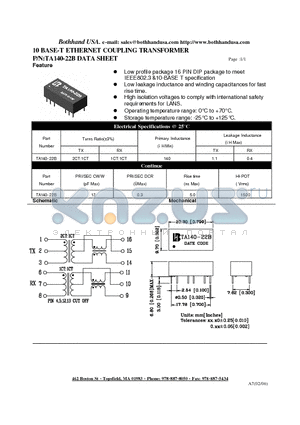 TA140-22B datasheet - 10 BASE-T ETHERNET COUPLING TRANSFORMER