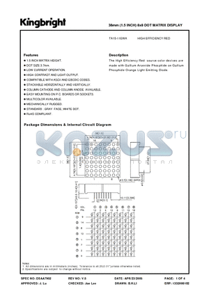 TA15-11EWA datasheet - 38mm (1.5 INCH) 8x8 DOT MATRIX DISPLAY