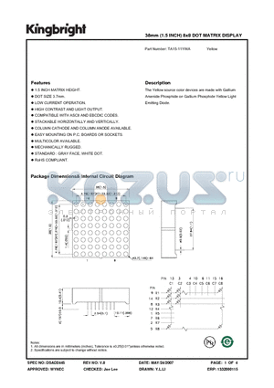 TA15-11YWA datasheet - 38mm (1.5 INCH) 8x8 DOT MATRIX DISPLAY