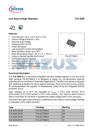 TLE4295 datasheet - Low Drop Voltage Regulator Four versions: 2.6 V, 3.0 V, 3.3 V, 5.0 V