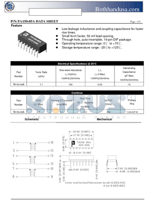 TA150-05A datasheet - ISOLATION TRANSFORMER FOR ETHERNET