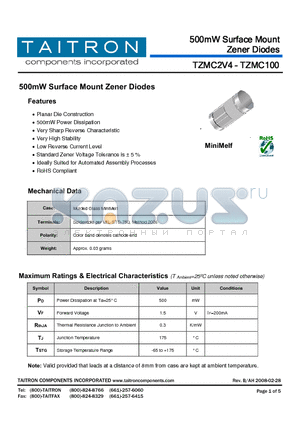 TZMC2V7 datasheet - 500mW Surface Mount Zener Diodes