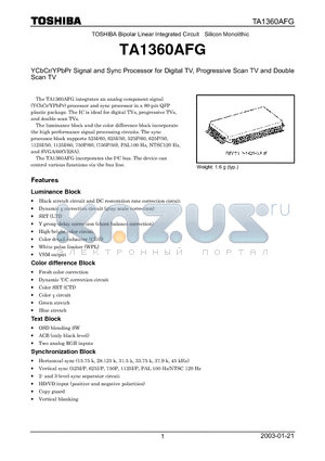 TA1360AFG datasheet - YCbCr/YPbPr Signal and Sync Processor for Digital TV, Progressive Scan TV and Double Scan TV