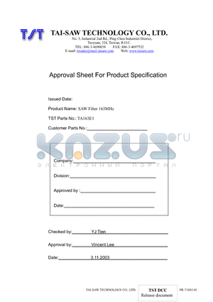 TA163E1 datasheet - SAW Filter 163MHz