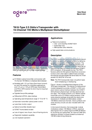 TA16L1CAA datasheet - TA16-Type 2.5 Gbits/s Transponder with 16-Channel 155 Mbits/s Multiplexer/Demultiplexer