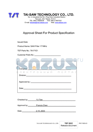 TA171E1 datasheet - SAW Filter 171MHz