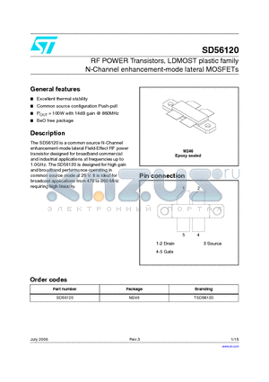 SD56120 datasheet - RF POWER Transistors, LDMOST plastic family N-Channel enhancement-mode lateral MOSFETs