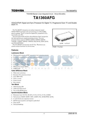 TA1360AFG_05 datasheet - YCbCr/YPbPr Signal and Sync Processor for Digital TV, Progressive Scan TV and Double Scan TV