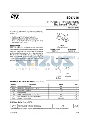 SD57045 datasheet - RF POWER TRANSISTORS The LdmoSTFAMILY