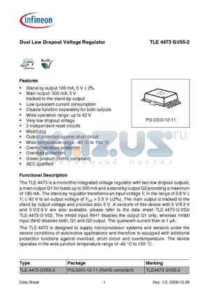 TLE4473GV55-2 datasheet - Dual Low Dropout Voltage Regulator Stand-by output 190 mA; 5 V a 2%