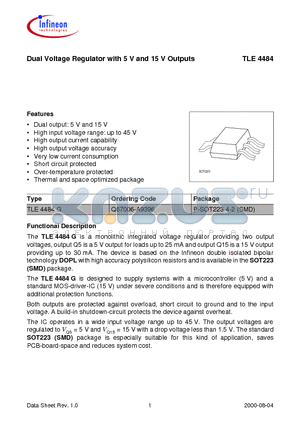 TLE4484 datasheet - Dual Voltage Regulator with 5 V and 15 V Outputs