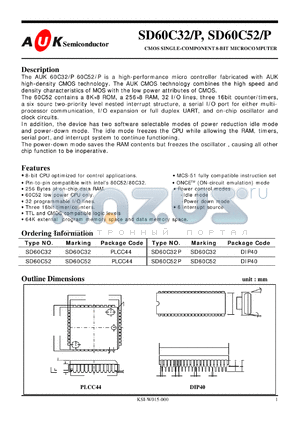 SD60C52P datasheet - CMOS SINGLE-COMPONENT 8-BIT MICROCOMPUTER