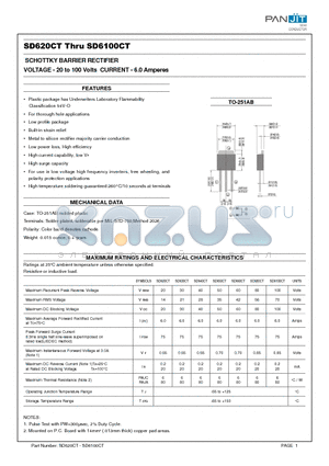 SD6100CT datasheet - SCHOTTKY BARRIER RECTIFIER(VOLTAGE - 20 to 100 Volts CURRENT - 6.0 Amperes)