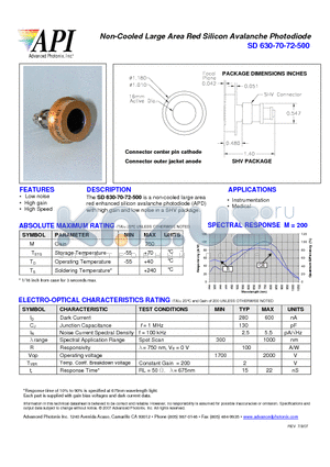 SD630-70-72-500 datasheet - Non-Cooled Large Area Red Silicon Avalanche Photodiode