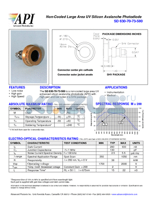 SD630-70-73-500 datasheet - Non-Cooled Large Area UV Silicon Avalanche Photodiode