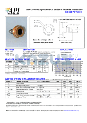SD630-70-75-500 datasheet - Non-Cooled Large Area DUV Silicon Avalanche Photodiode