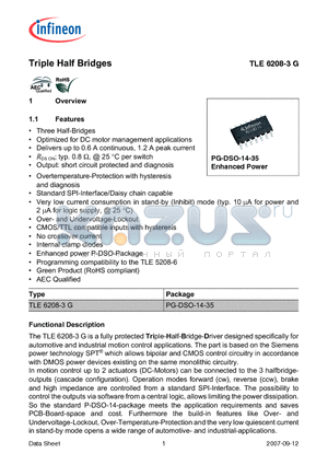 TLE6208-3G datasheet - Triple Half Bridges Optimized for DC motor management applications