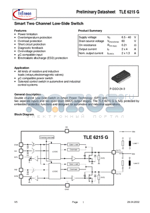 TLE6215G datasheet - Smart Two Channel Low-Side Switch